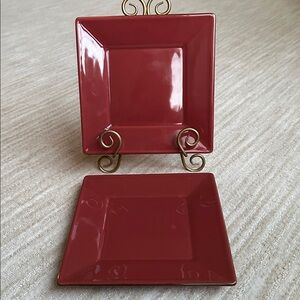 Set of 2 POTTERY BARN CHINA Salad Appetizer Plates Asian Square Paprika (Red) 8”
